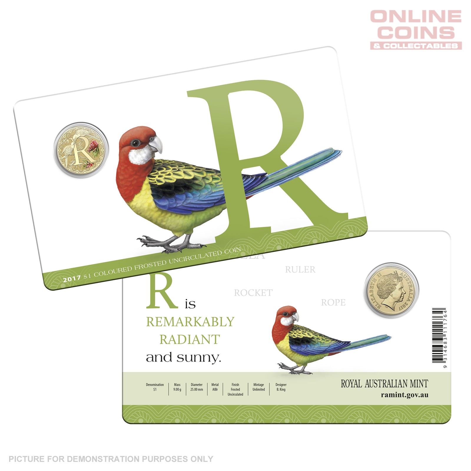 2017 $1 Coloured Alphabet Frosted Coin In Card - R For Rosella